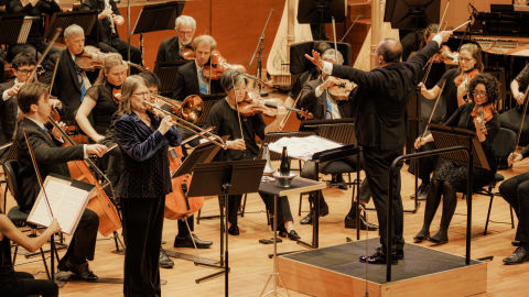Principal Trombone Helen Vollam, Conductor Riccardo Minasi and Queensland Symphony Orchestra.